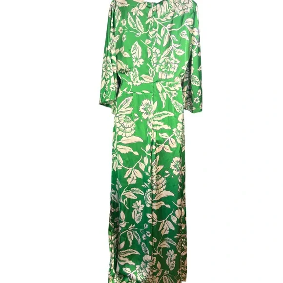 Zara green cream floral satiny jumpsuit V-neckline knot detail waist cut-outs - Picture 6 of 11